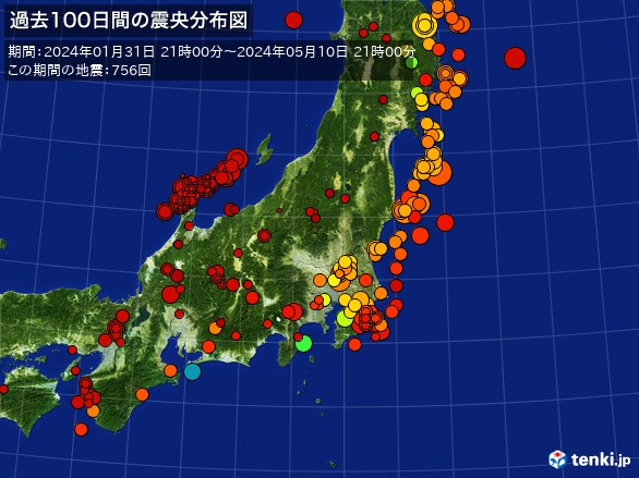 東日本・過去100日間の震央分布図