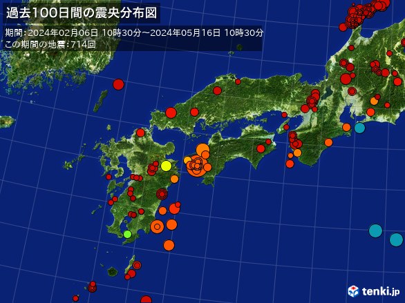 西日本・過去100日間の震央分布図