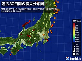 過去30日間(東日本)の震央分布図