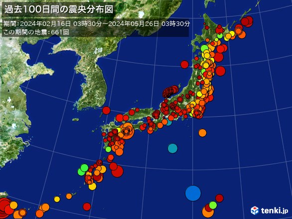 日本全体・過去100日間の震央分布図