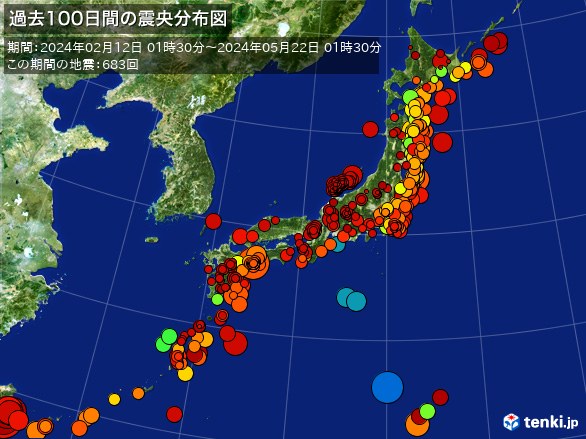 日本全体・過去100日間の震央分布図