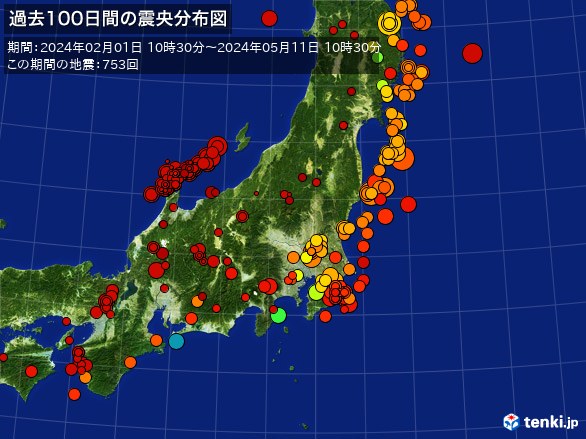 東日本・過去100日間の震央分布図