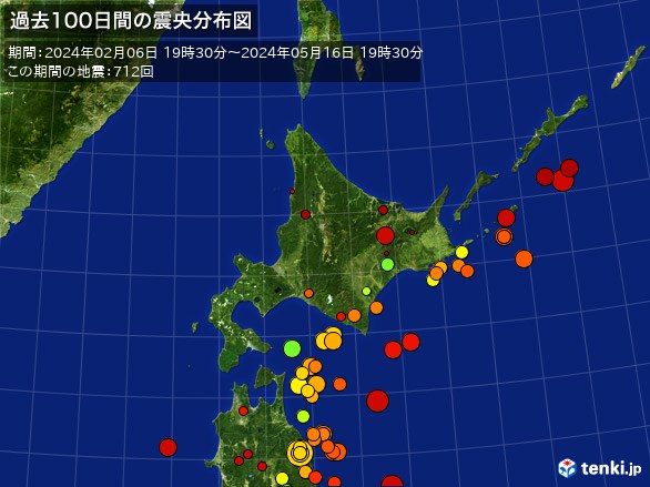 北日本・過去100日間の震央分布図