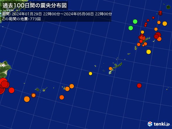 沖縄・過去100日間の震央分布図