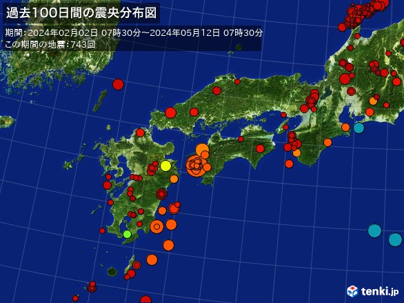 西日本・過去100日間の震央分布図