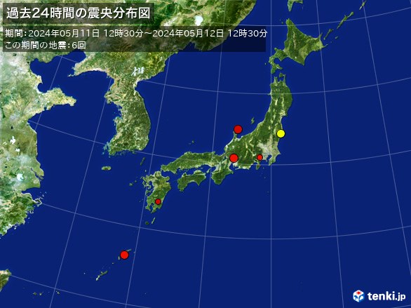 日本全体・過去24時間の震央分布図