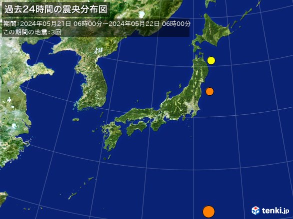 日本全体・過去24時間の震央分布図