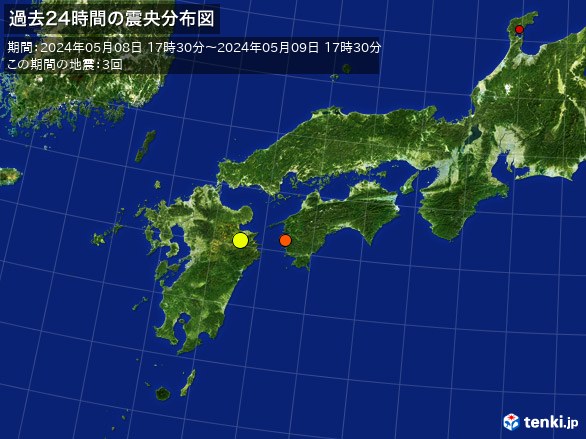 西日本・過去24時間の震央分布図