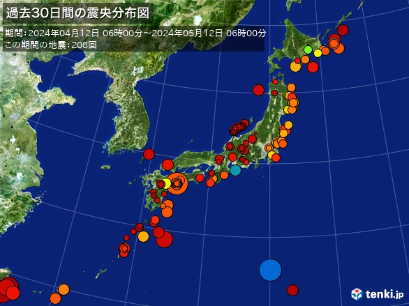 日本全体・過去30日間の震央分布図