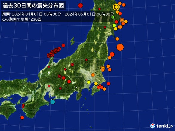 東日本・過去30日間の震央分布図