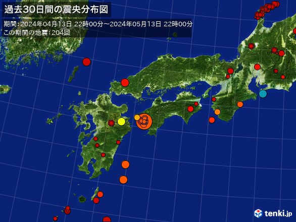 西日本・過去30日間の震央分布図