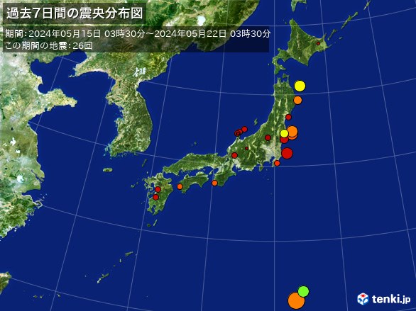 日本全体・過去7日間の震央分布図