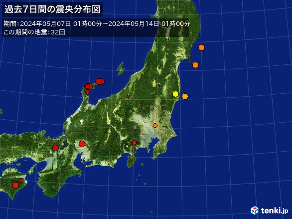 東日本・過去7日間の震央分布図