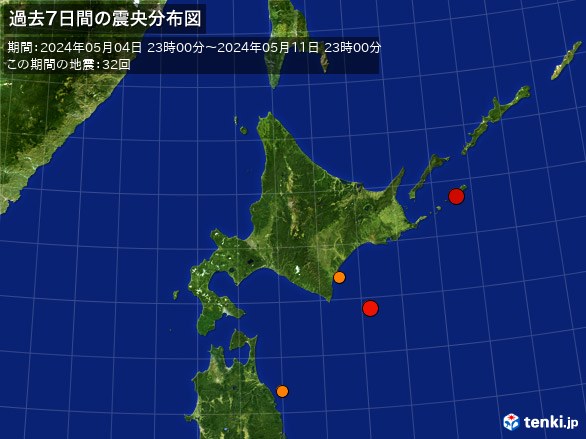 北日本・過去7日間の震央分布図