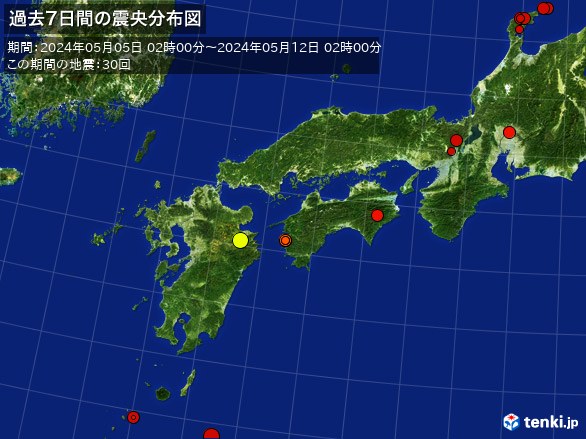 西日本・過去7日間の震央分布図