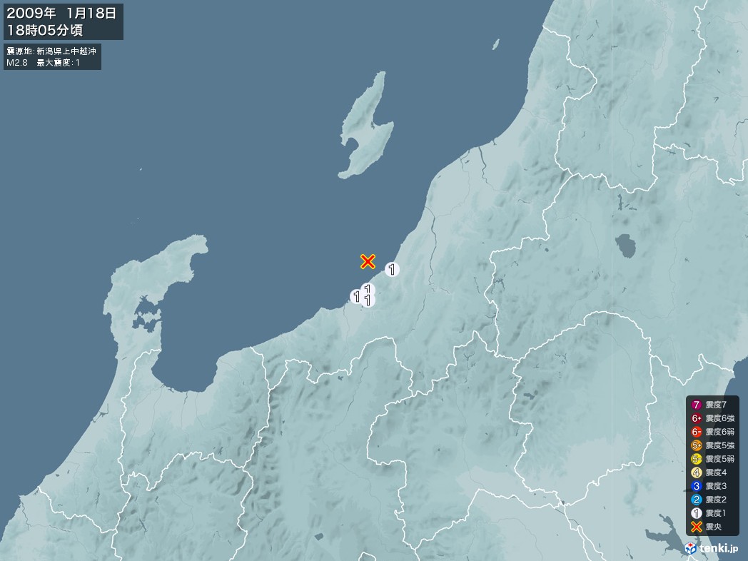地震情報 2009年01月18日 18時05分頃発生 最大震度：1 震源地：新潟県上中越沖(拡大画像)
