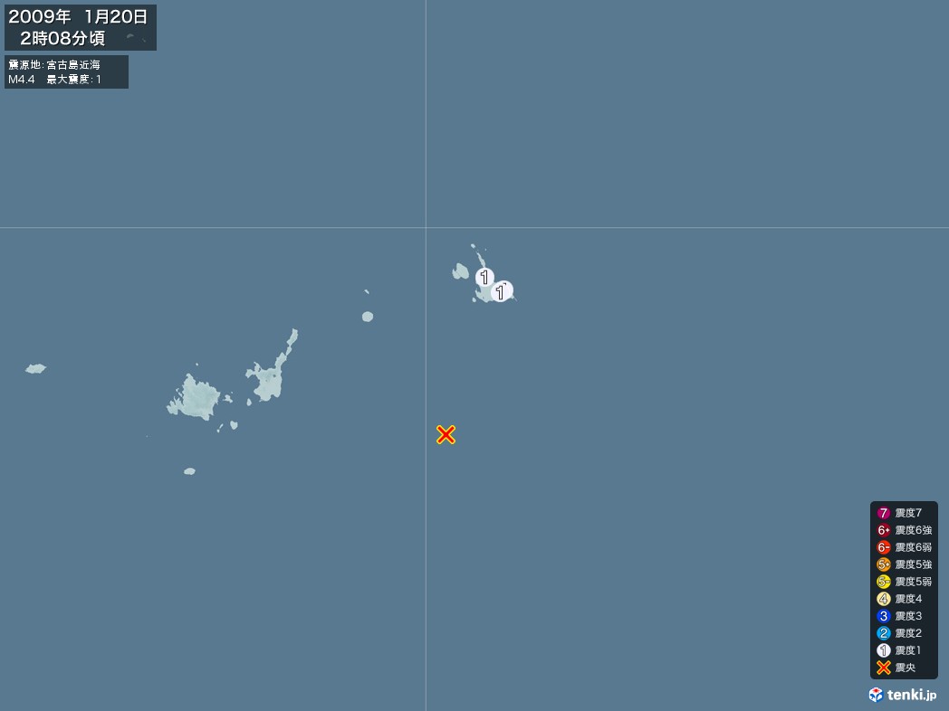 地震情報 2009年01月20日 02時08分頃発生 最大震度：1 震源地：宮古島近海(拡大画像)