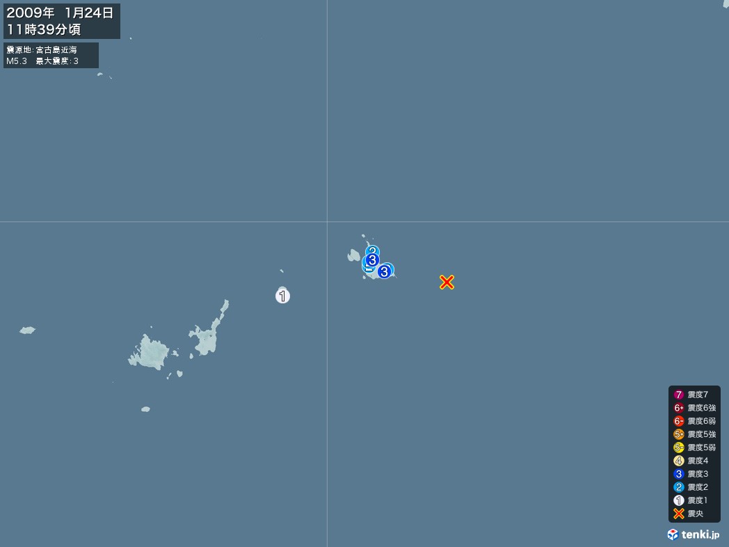 地震情報 2009年01月24日 11時39分頃発生 最大震度：3 震源地：宮古島近海(拡大画像)