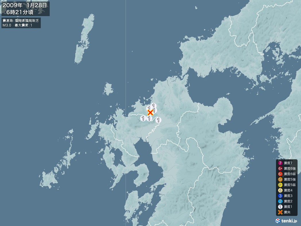 地震情報 2009年01月28日 06時21分頃発生 最大震度：1 震源地：福岡県福岡地方(拡大画像)