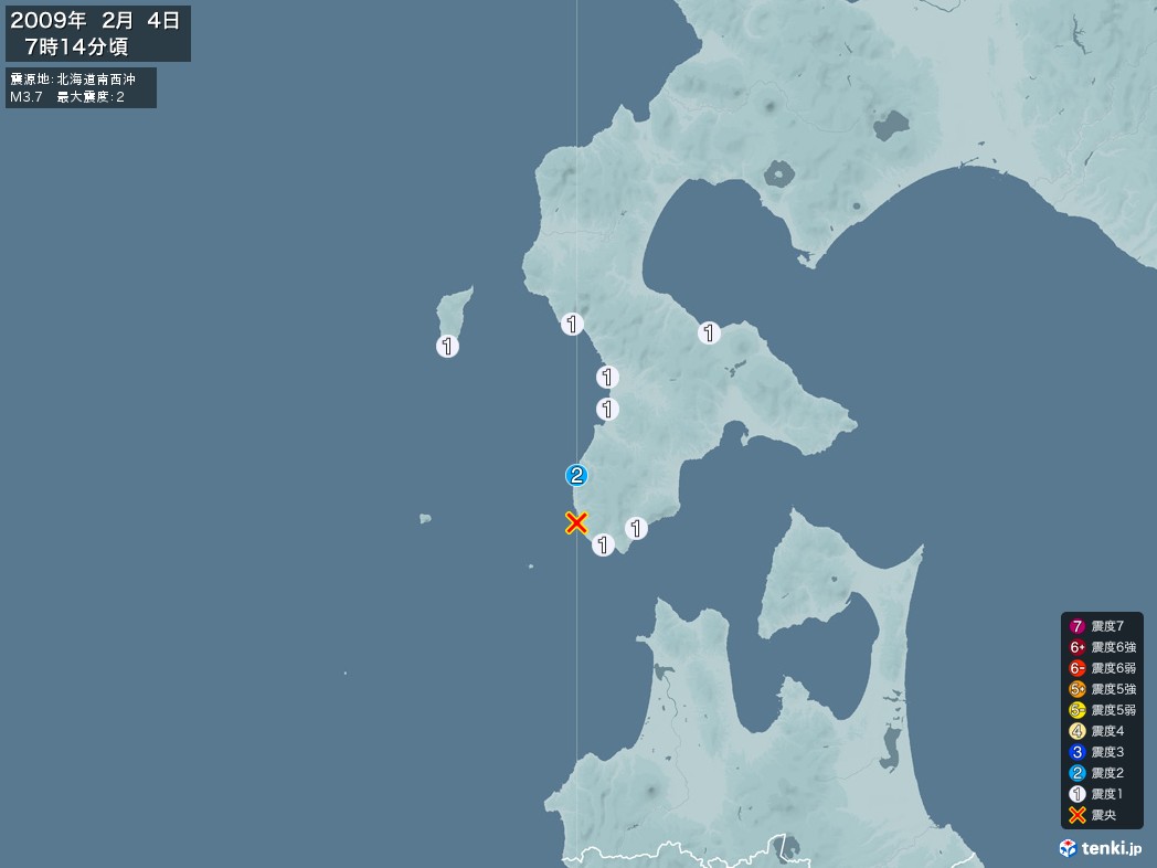 地震情報 2009年02月04日 07時14分頃発生 最大震度：2 震源地：北海道南西沖(拡大画像)