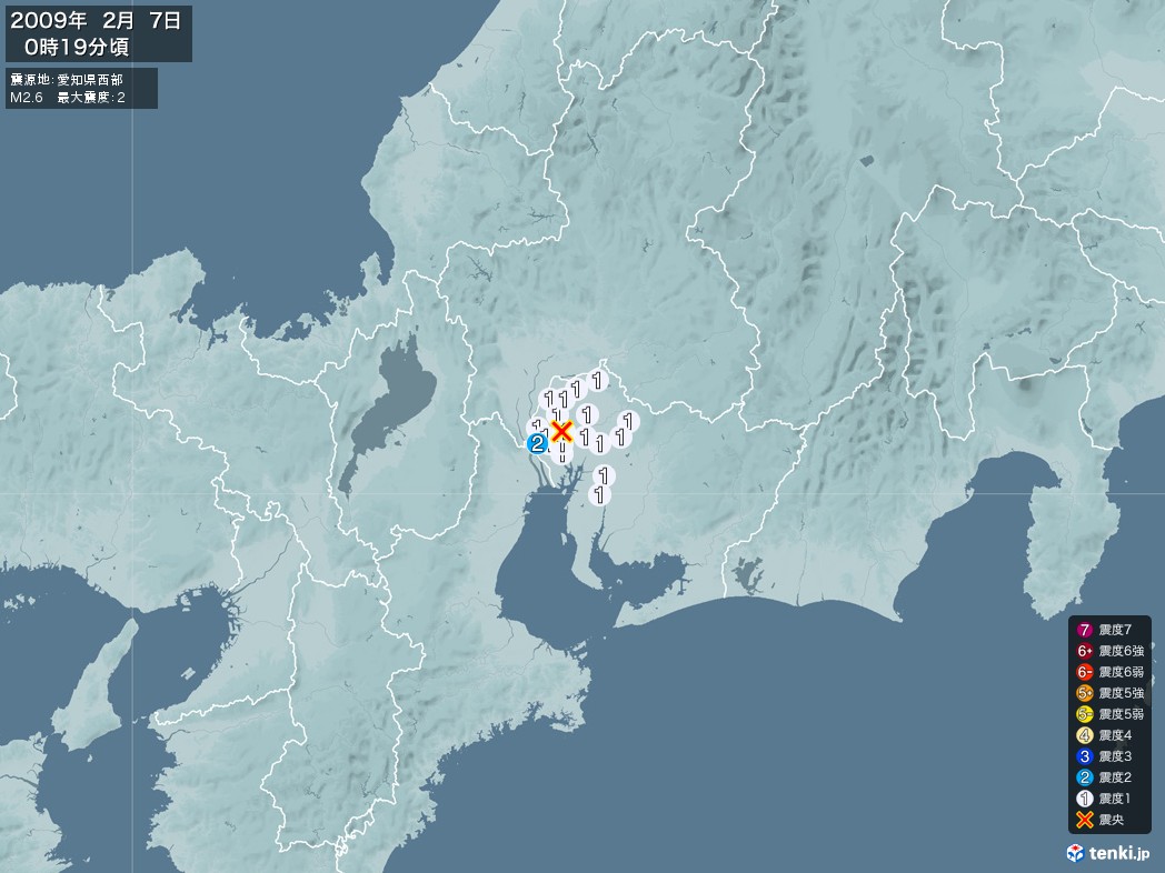 地震情報 2009年02月07日 00時19分頃発生 最大震度：2 震源地：愛知県西部(拡大画像)