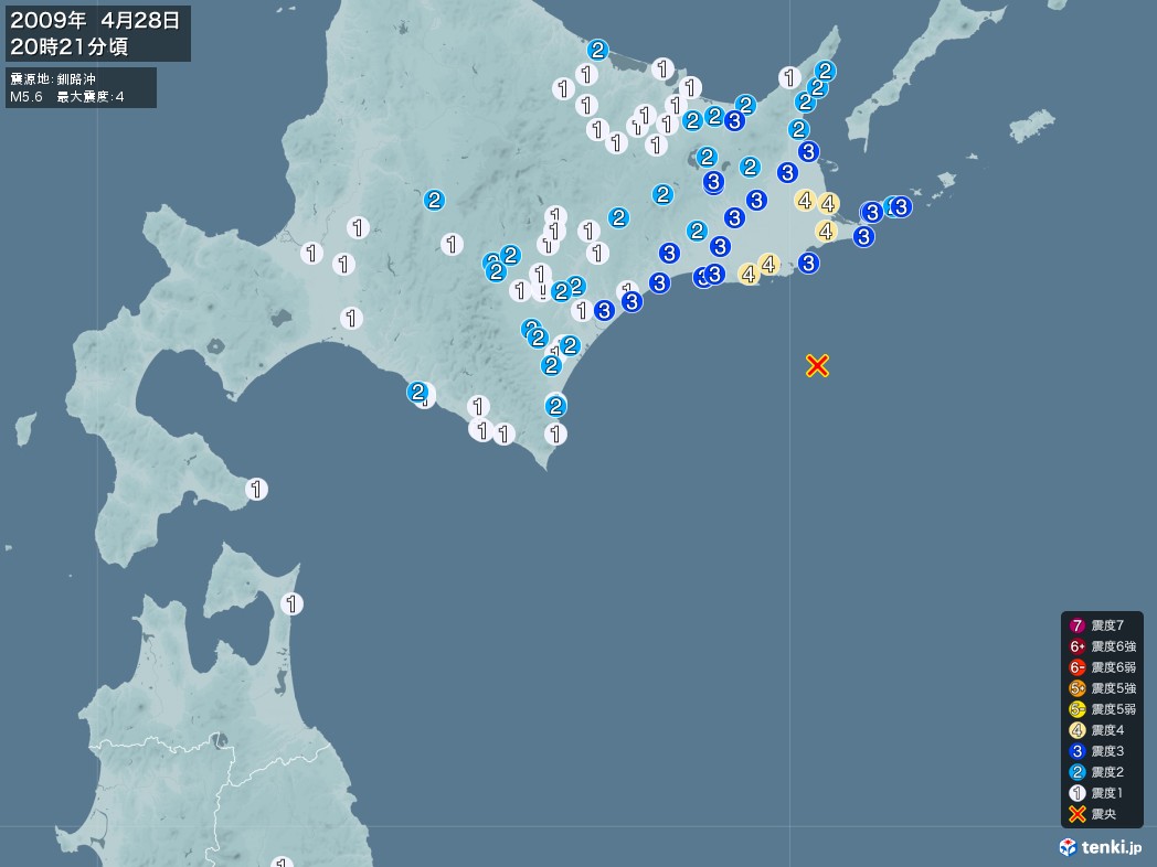 地震情報 2009年04月28日 20時21分頃発生 最大震度：4 震源地：釧路沖(拡大画像)