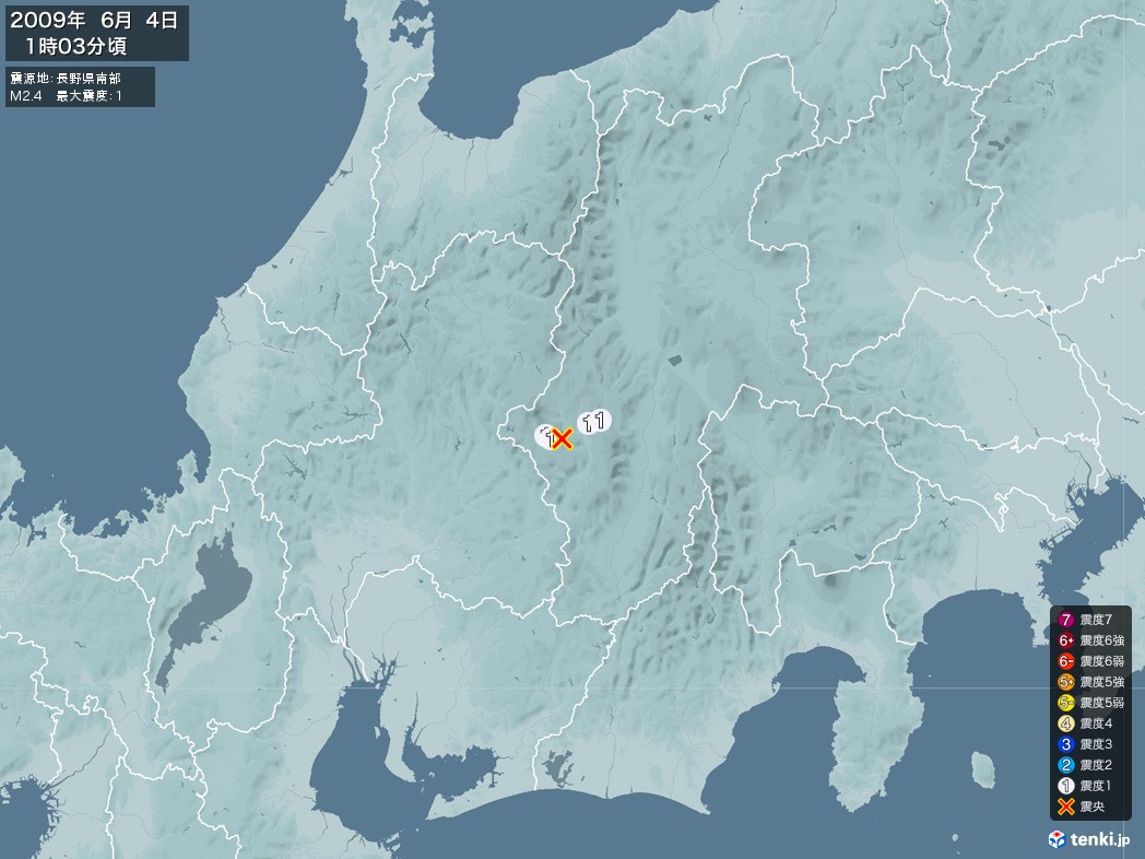 地震情報 2009年06月04日 01時03分頃発生 最大震度：1 震源地：長野県南部(拡大画像)