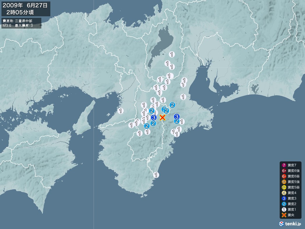 地震情報 2009年06月27日 02時05分頃発生 最大震度：3 震源地：三重県中部(拡大画像)