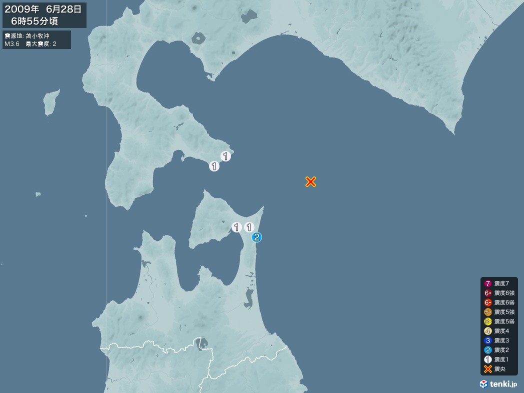地震情報 2009年06月28日 06時55分頃発生 最大震度：2 震源地：苫小牧沖(拡大画像)