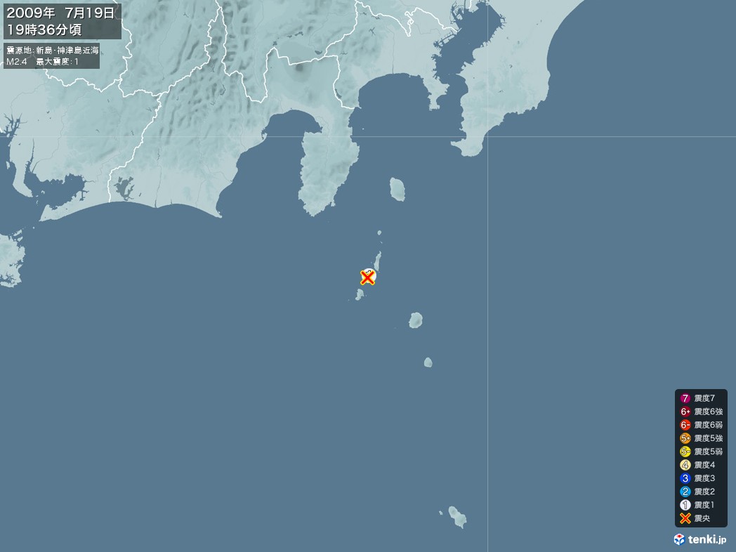 地震情報 2009年07月19日 19時36分頃発生 最大震度：1 震源地：新島・神津島近海(拡大画像)