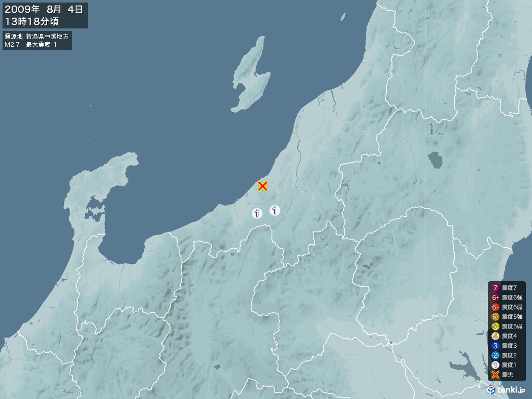 地震情報 2009年08月04日 13時18分頃発生 最大震度：1 震源地：新潟県中越地方(拡大画像)