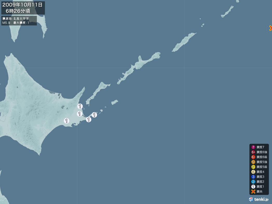 地震情報 2009年10月11日 06時26分頃発生 最大震度：1 震源地：北西太平洋(拡大画像)