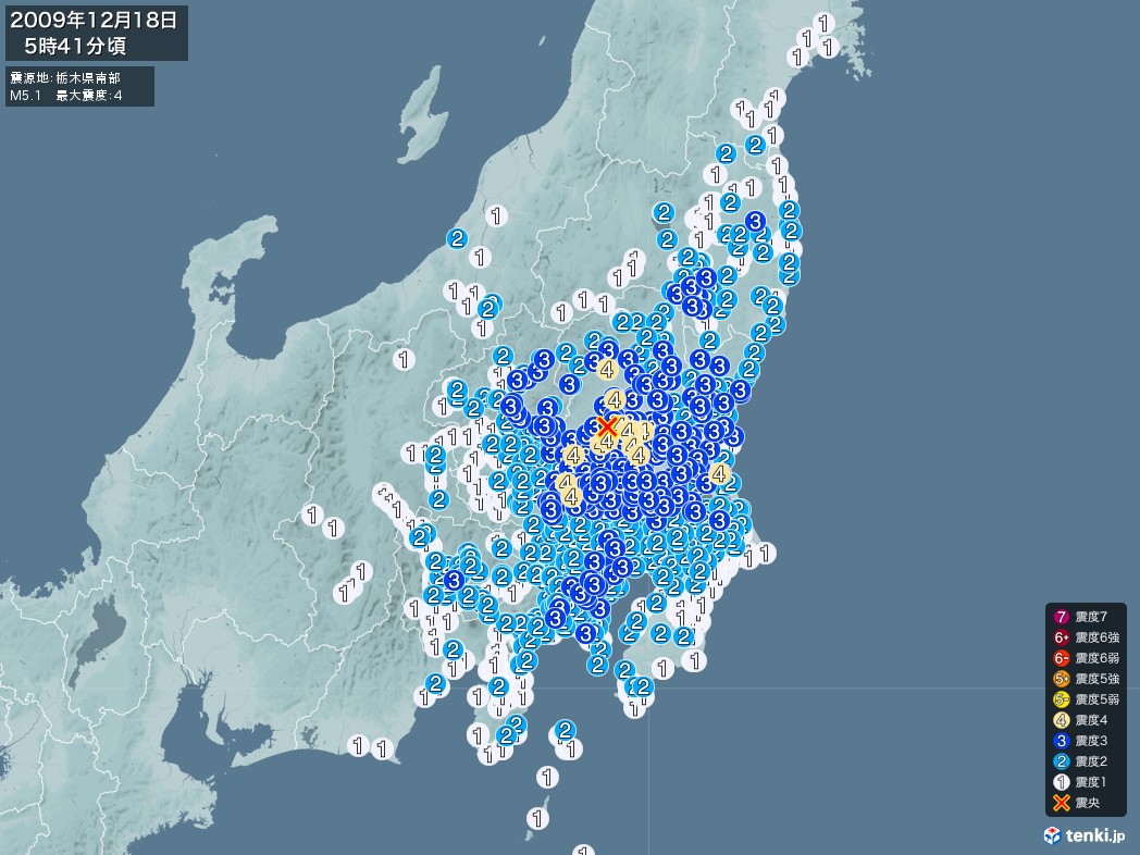 地震情報 2009年12月18日 05時41分頃発生 最大震度：4 震源地：栃木県南部(拡大画像)