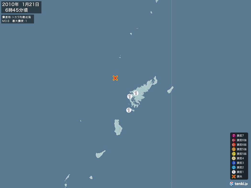 地震情報 2010年01月21日 06時45分頃発生 最大震度：1 震源地：トカラ列島近海(拡大画像)