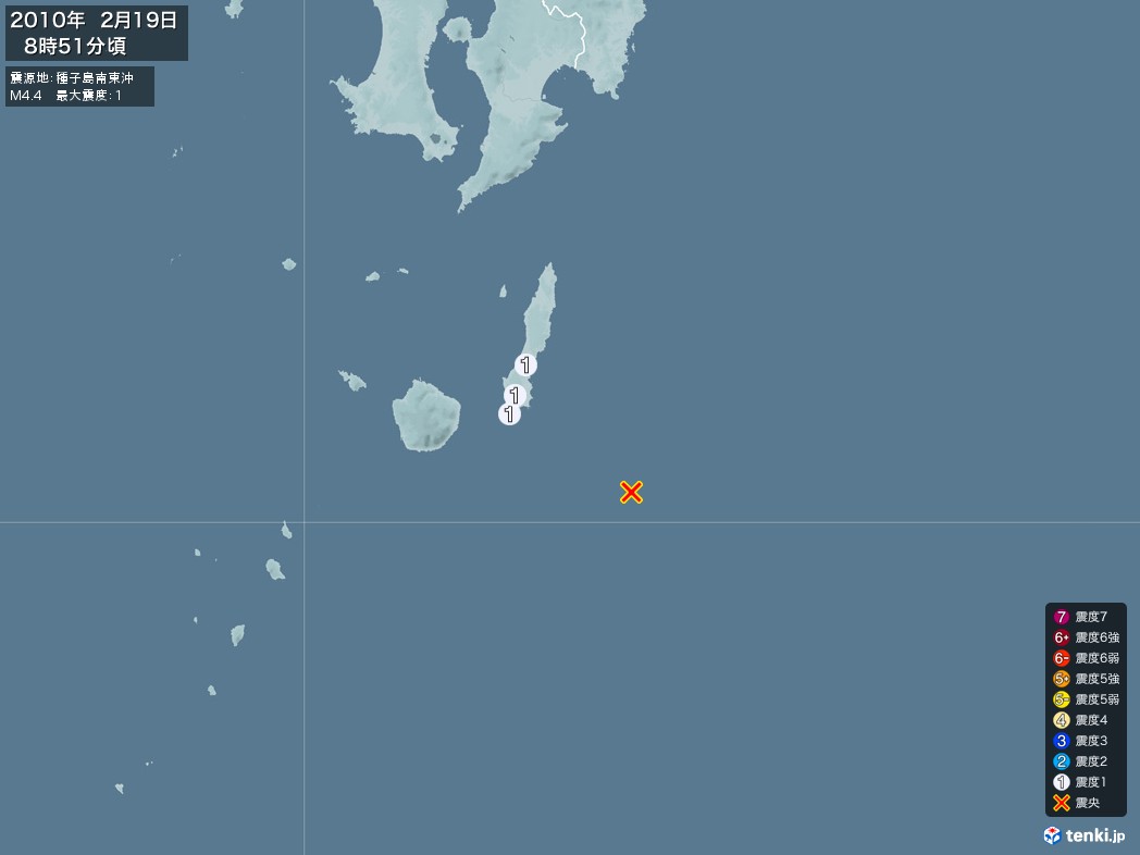 地震情報 2010年02月19日 08時51分頃発生 最大震度：1 震源地：種子島南東沖(拡大画像)