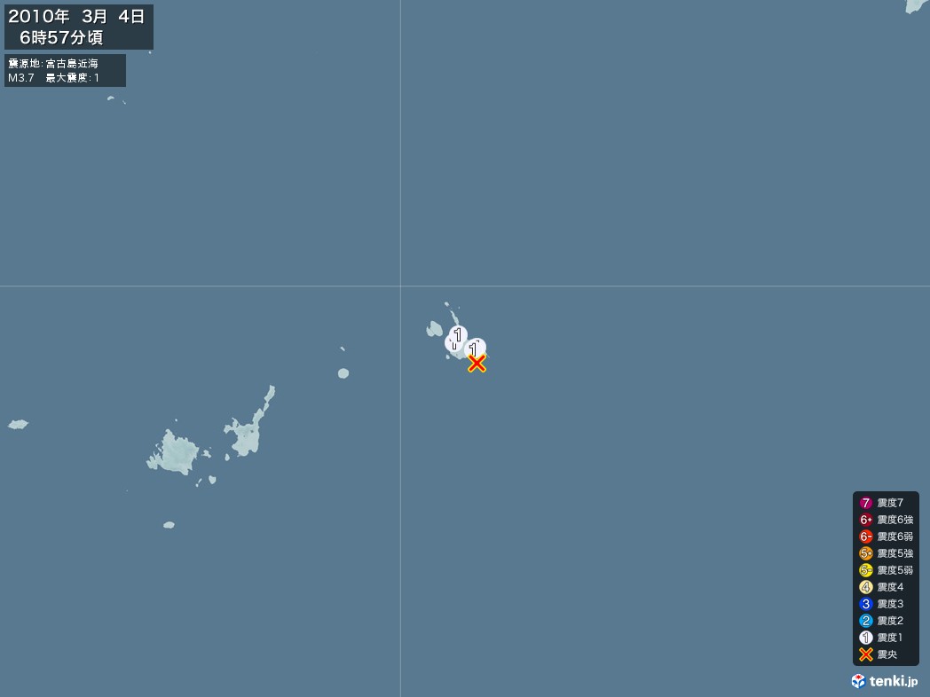 地震情報 2010年03月04日 06時57分頃発生 最大震度：1 震源地：宮古島近海(拡大画像)