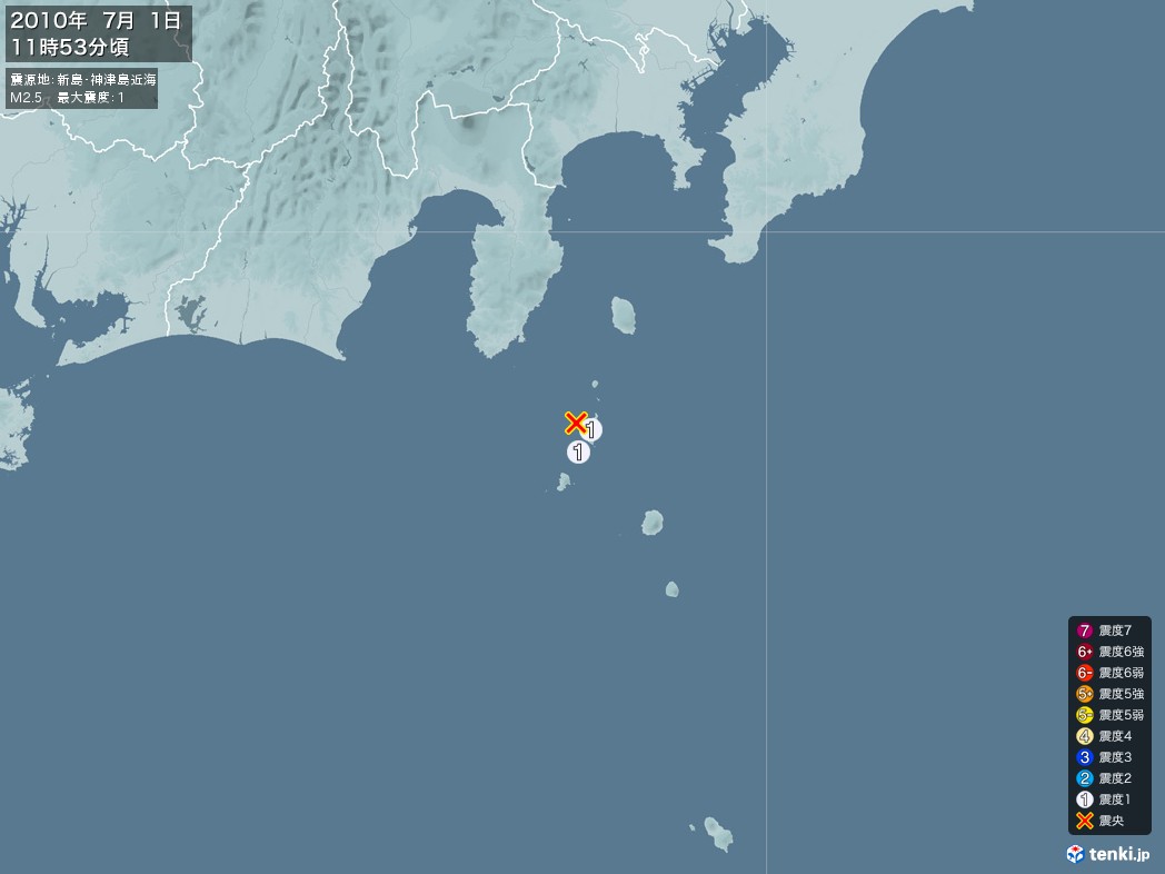 地震情報 2010年07月01日 11時53分頃発生 最大震度：1 震源地：新島・神津島近海(拡大画像)