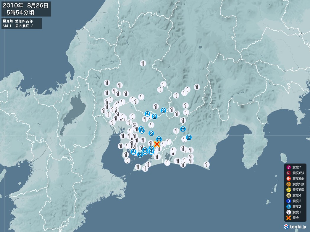地震情報 2010年08月26日 05時54分頃発生 最大震度：2 震源地：愛知県西部(拡大画像)