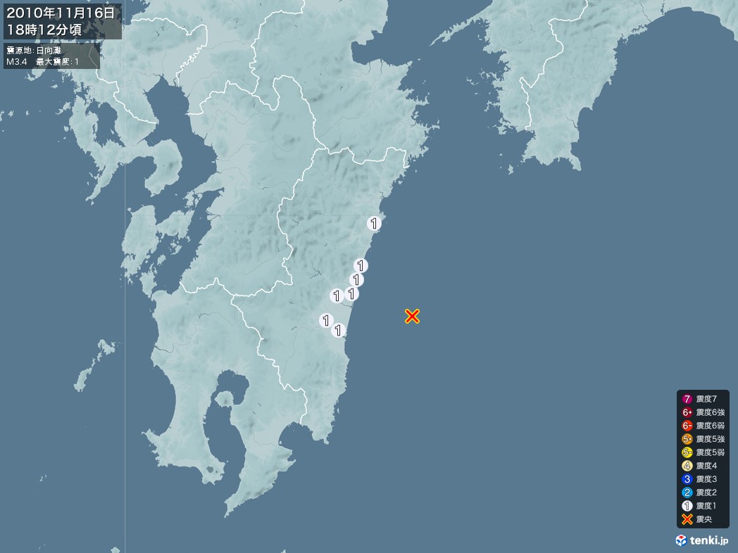 地震情報 2010年11月16日 18時12分頃発生 最大震度：1 震源地：日向灘(拡大画像)
