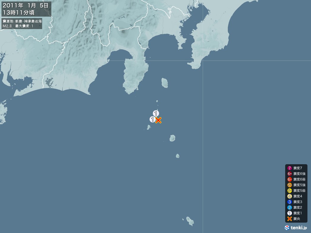 地震情報 2011年01月05日 13時11分頃発生 最大震度：1 震源地：新島・神津島近海(拡大画像)