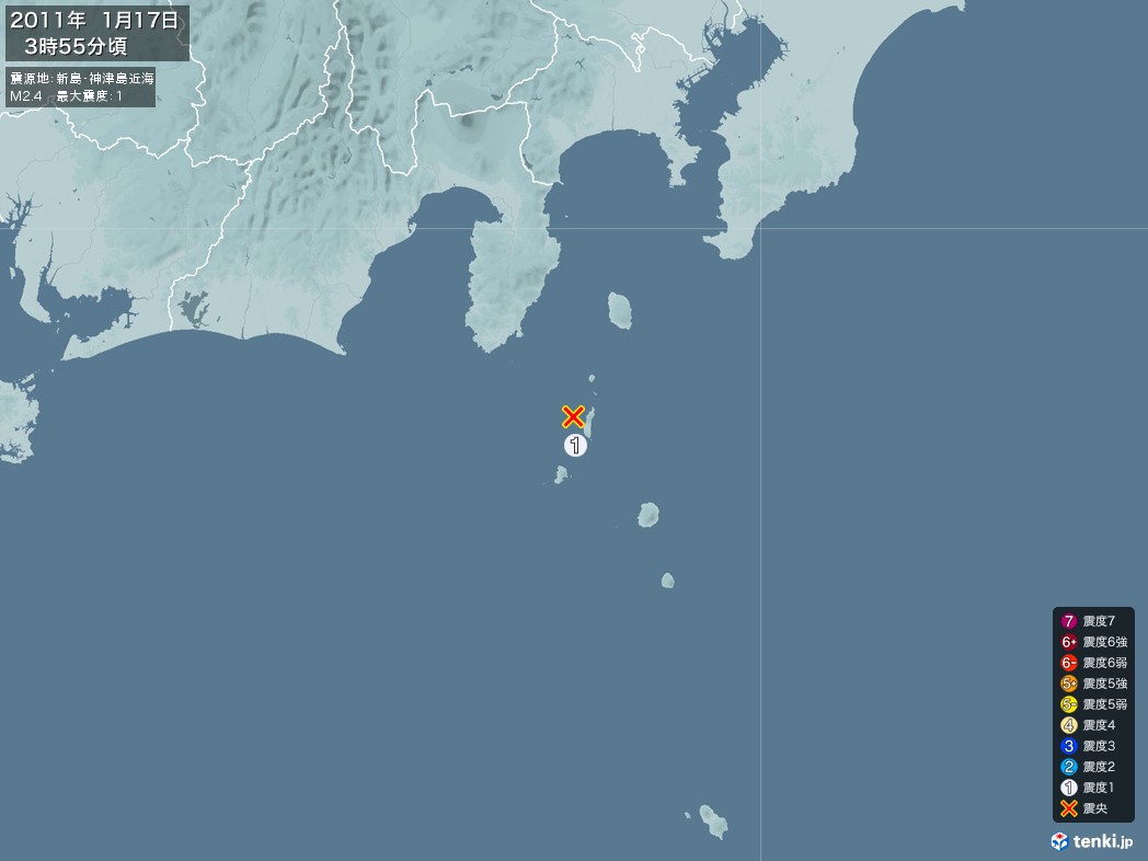 地震情報 2011年01月17日 03時55分頃発生 最大震度：1 震源地：新島・神津島近海(拡大画像)