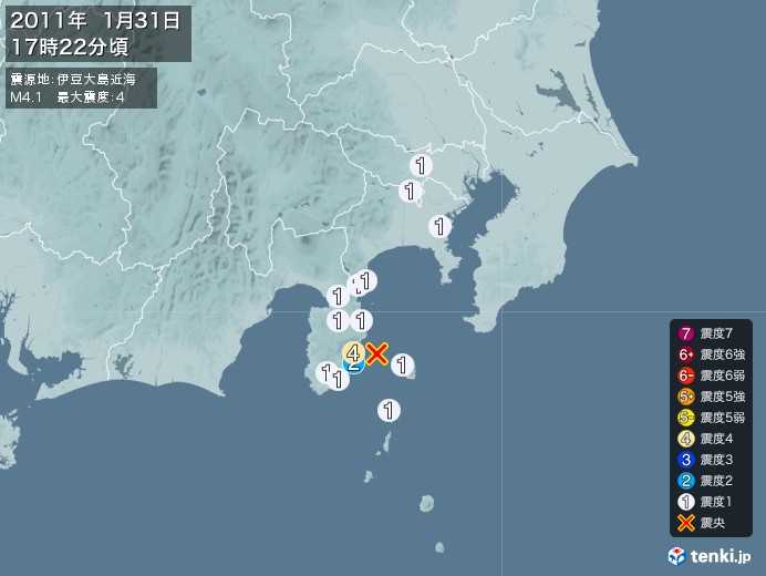 地震情報(2011年01月31日17時22分発生)