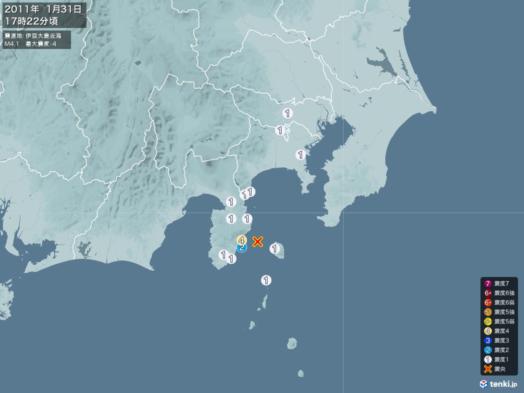 地震情報 2011年01月31日 17時22分頃発生 最大震度：4 震源地：伊豆大島近海(拡大画像)