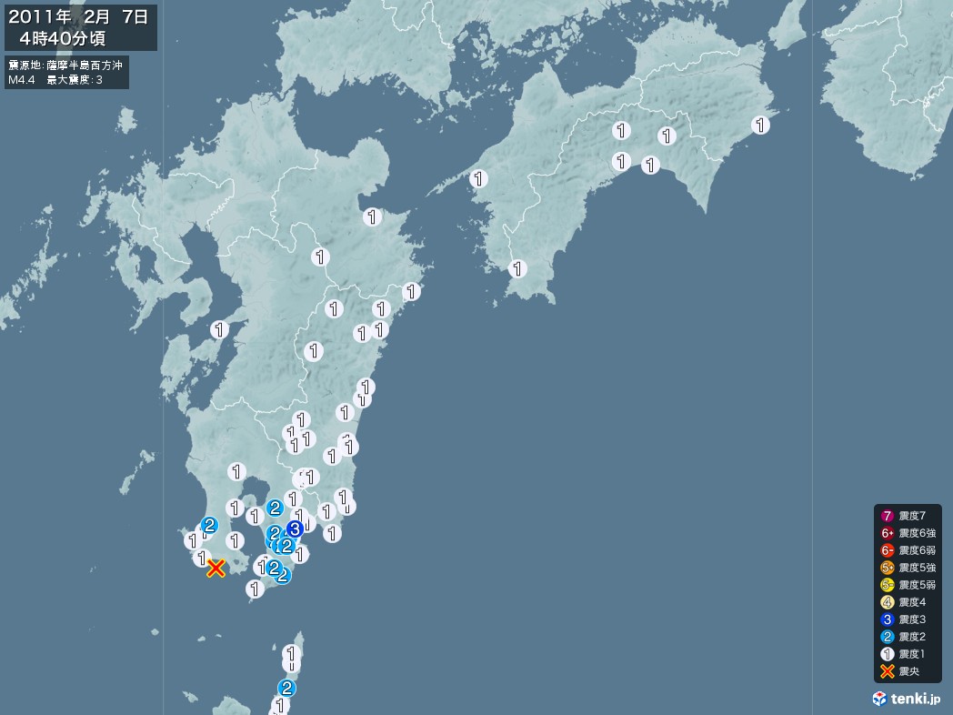 地震情報 2011年02月07日 04時40分頃発生 最大震度：3 震源地：薩摩半島西方沖(拡大画像)