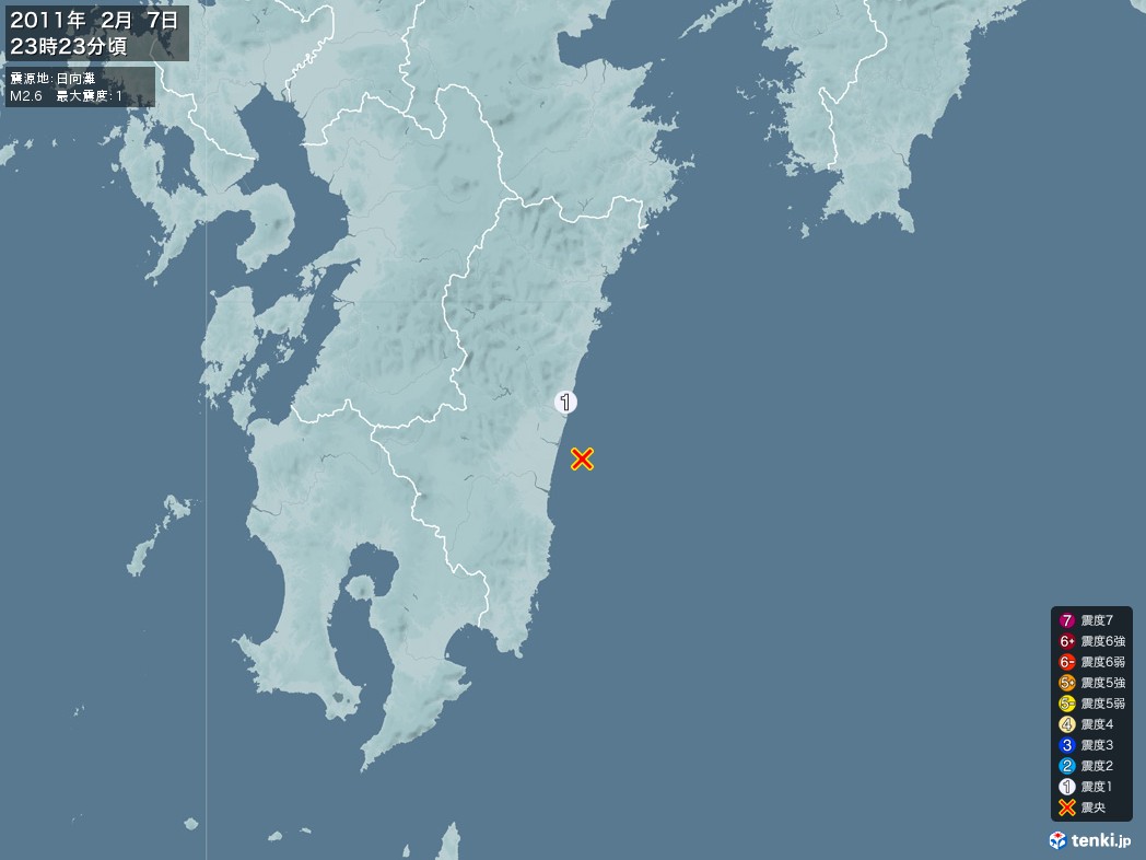 地震情報 2011年02月07日 23時23分頃発生 最大震度：1 震源地：日向灘(拡大画像)