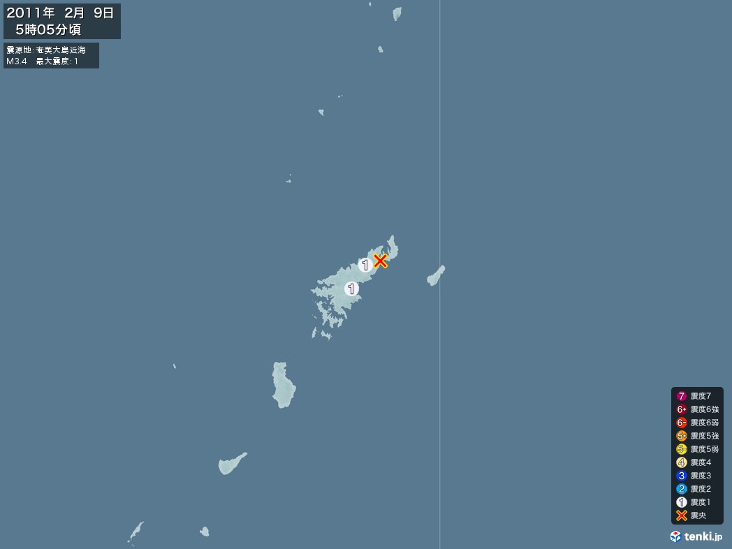 地震情報 2011年02月09日 05時05分頃発生 最大震度：1 震源地：奄美大島近海(拡大画像)