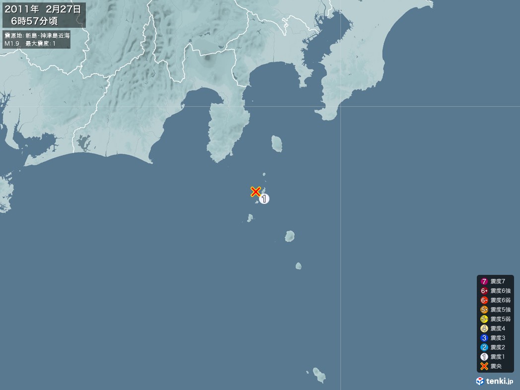 地震情報 2011年02月27日 06時57分頃発生 最大震度：1 震源地：新島・神津島近海(拡大画像)