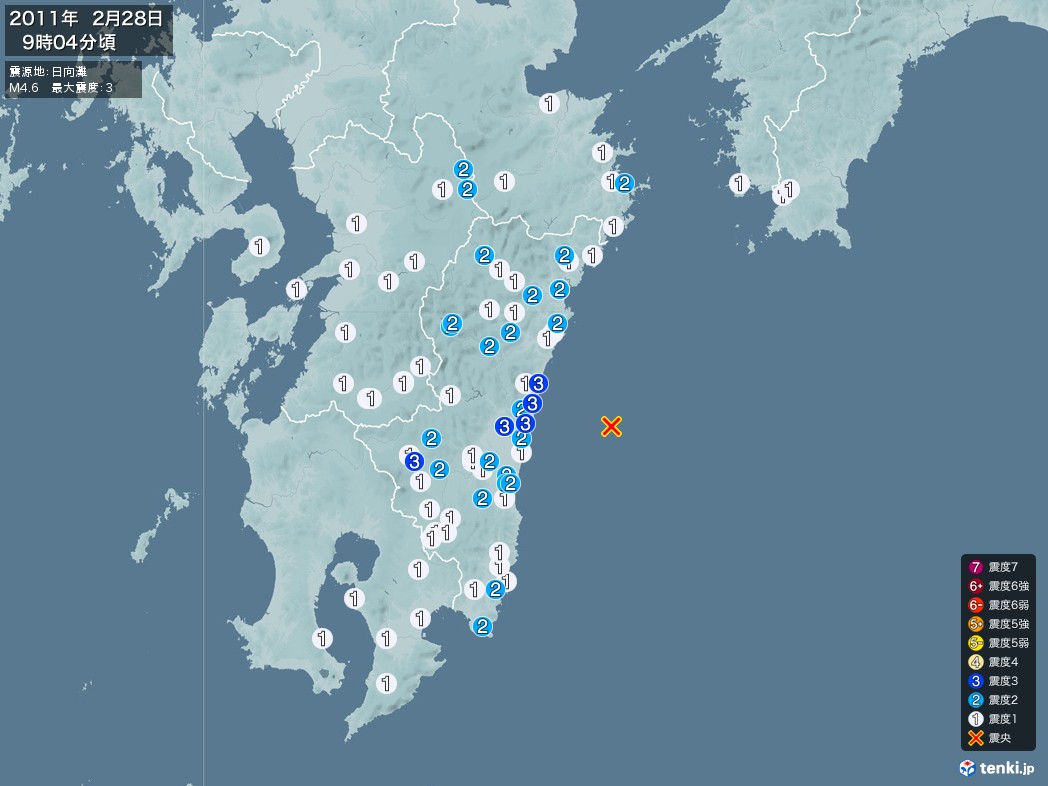 地震情報 2011年02月28日 09時04分頃発生 最大震度：3 震源地：日向灘(拡大画像)