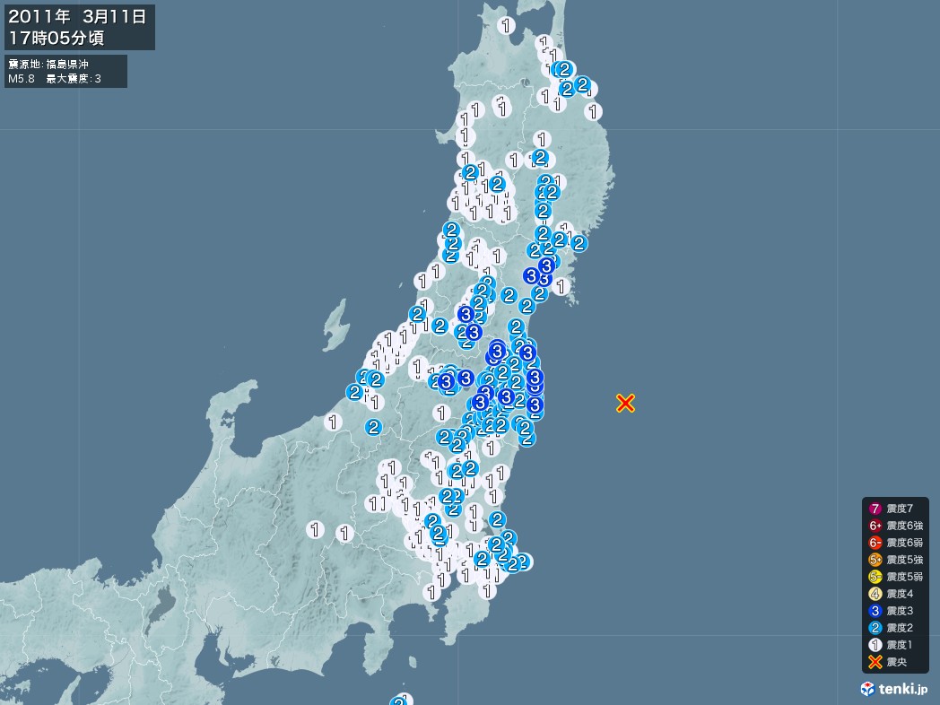 地震情報 2011年03月11日 17時05分頃発生 最大震度：3 震源地：福島県沖(拡大画像)
