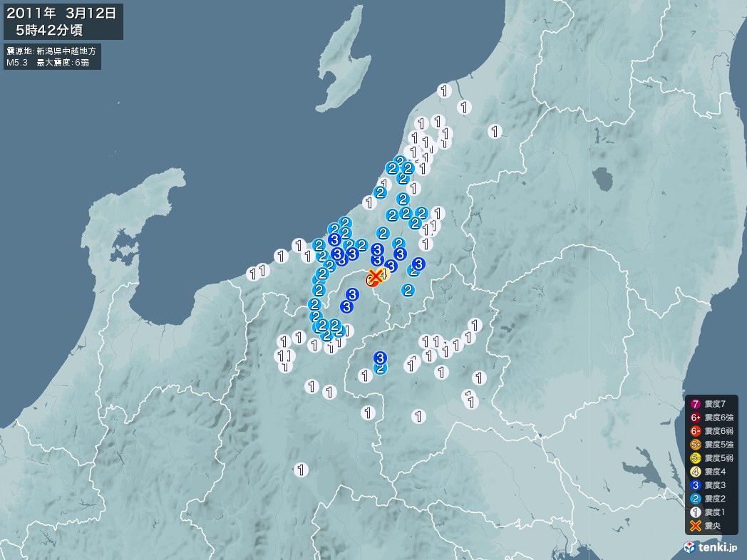 地震情報 2011年03月12日 05時42分頃発生 最大震度：6弱 震源地：新潟県中越地方(拡大画像)